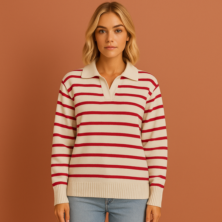 Gestreepte damespolo met lange mouwen, ideaal voor een casual, comfortabele dagelijkse look.