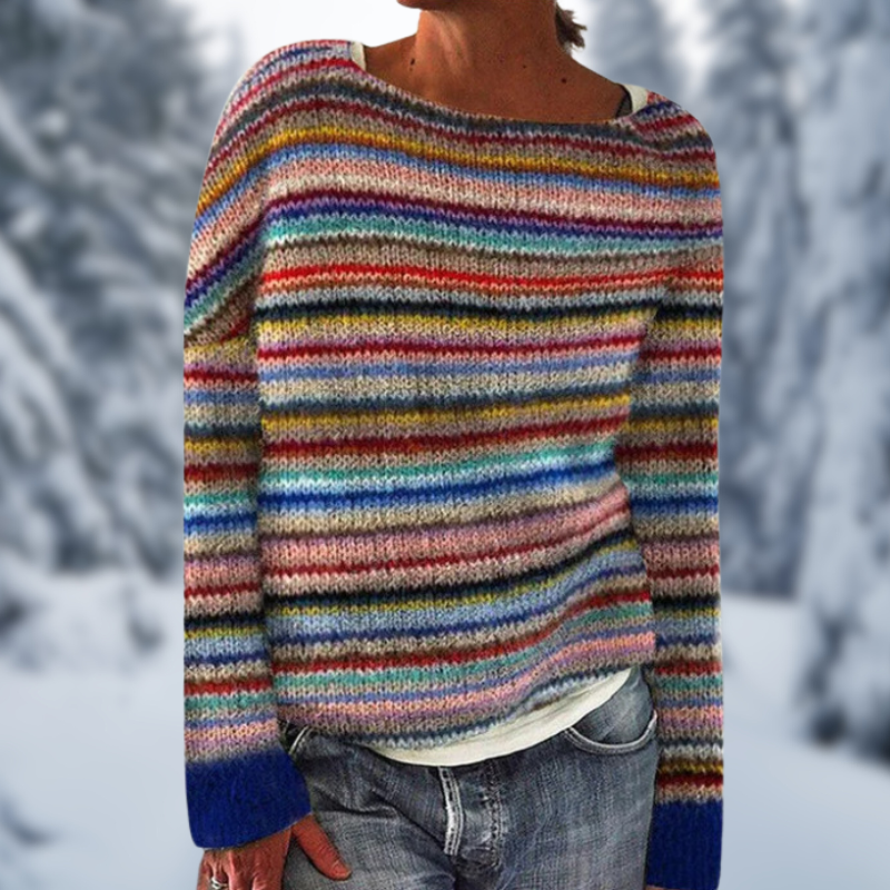 Gestreepte Teshia trui dames, marineblauw-wit-grijs, lange mouwen, ronde hals, modieus comfort.