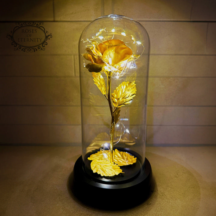 "Gouden roos in glazen stolp met LED-verlichting, elegant handwerk en tijdloze schoonheid voor sfeervolle decoratie"
