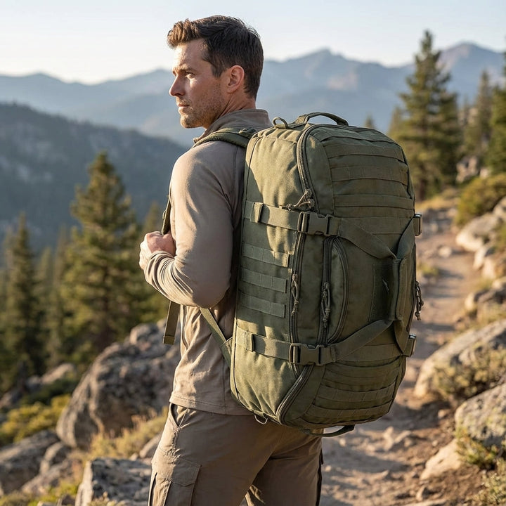 Grijsgroene waterbestendige tactische duffeltas. Robuuste weekendtas perfect voor outdoor avonturen en reizen.