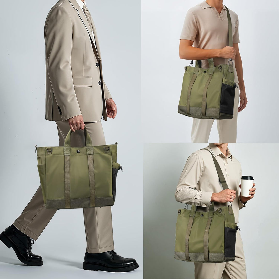 Veelzijdige MetroCarry laptop handtas, grijs, te dragen als schoudertas of crossbody voor werk en reizen.