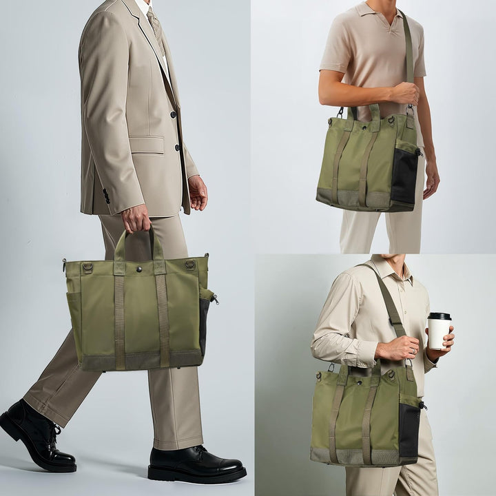 Veelzijdige MetroCarry laptop handtas, grijs, te dragen als schoudertas of crossbody voor werk en reizen.