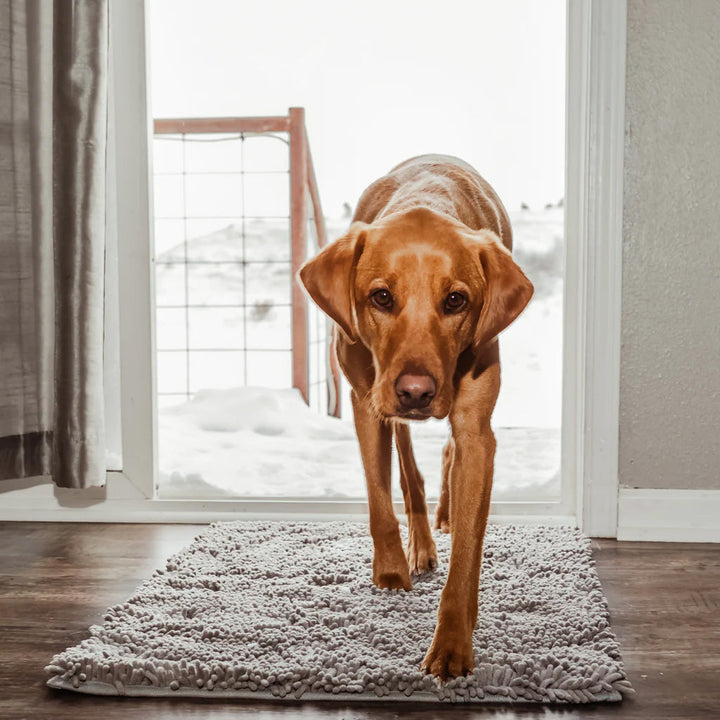 Grijze super absorberende honden schoonloopmat. Houdt modderige hondenpoten buiten en beschermt je vloer.