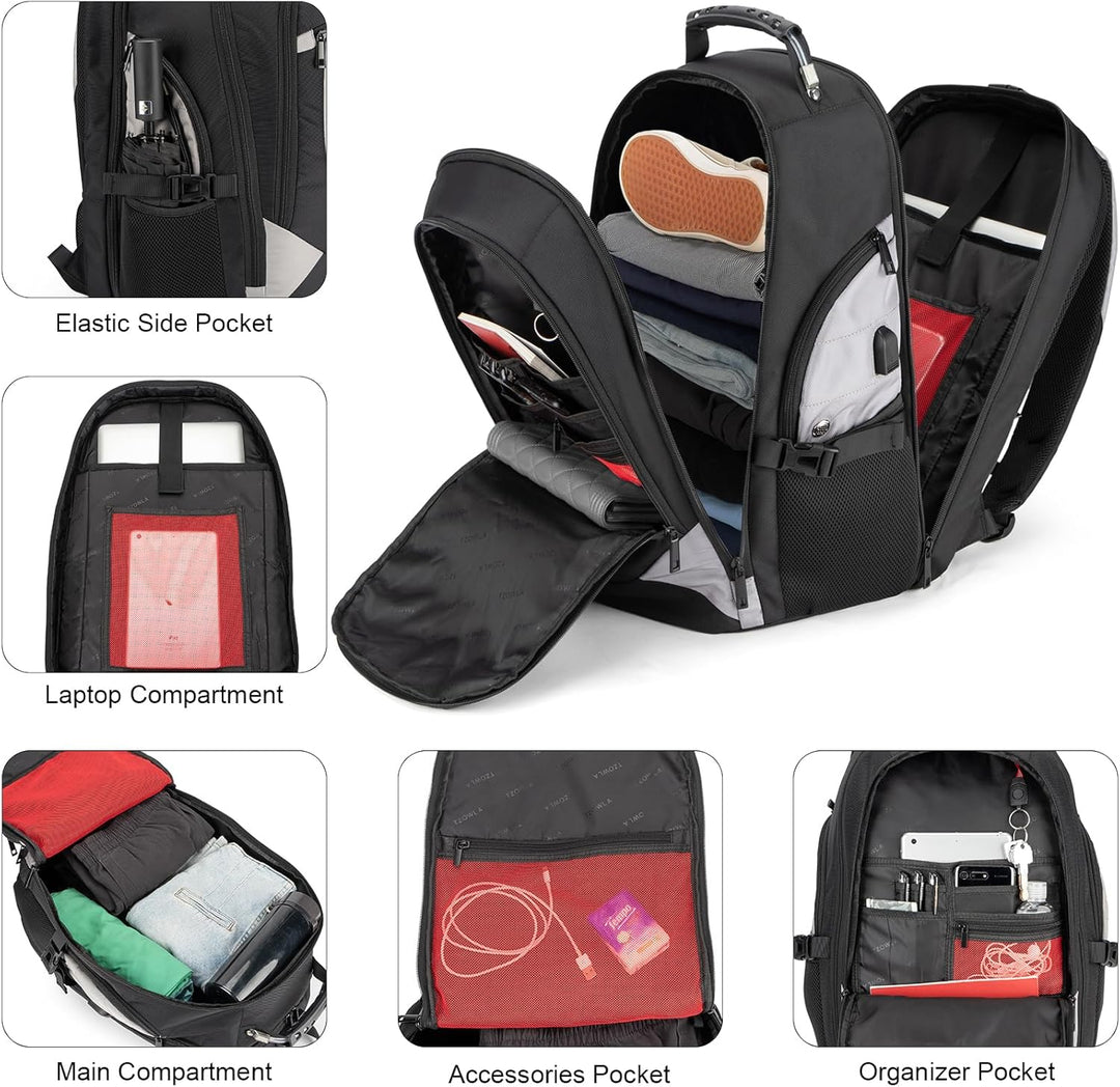 Slank zijaanzicht van grijze 17,3" laptop rugzak, ideaal als reisrugzak of schooltas met USB-poort.