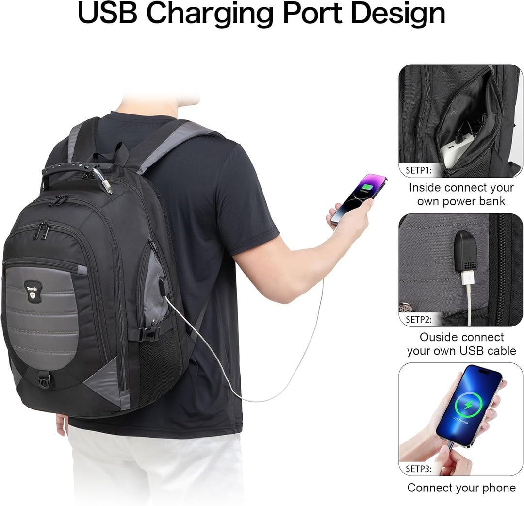 Unisex model draagt stijlvolle grijze waterdichte laptop rugzak (17,3") met USB en anti-diefstal, comfortabel.