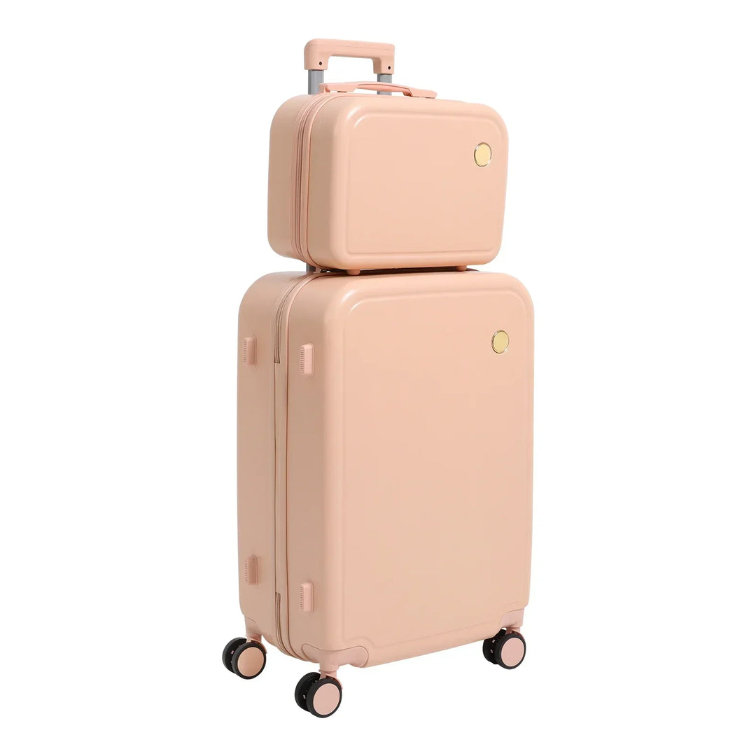 Vienna Duo hardshell kofferset (groen/roze) met compacte cosmeticaset. Perfecte reisaccessoires.