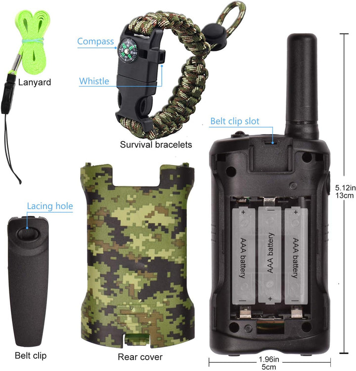 "Groene camo walkie talkies voor kinderen, 22 kanalen, 5 km bereik, ideaal voor avontuurlijke spelletjes buiten."