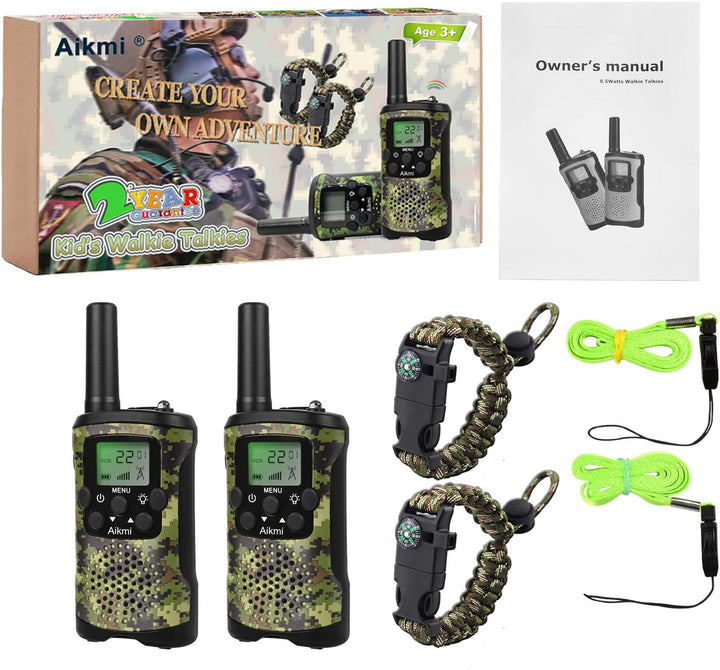 "Groene camo walkie talkies voor kinderen, 22 kanalen, 5 km bereik, ideaal voor avontuurlijke spelletjes buiten."