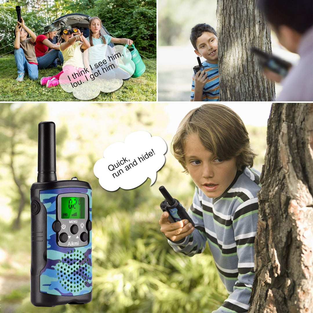 "Groene camo walkie talkies voor kinderen, 22 kanalen, 5 km bereik, ideaal voor avontuurlijke spelletjes buiten."