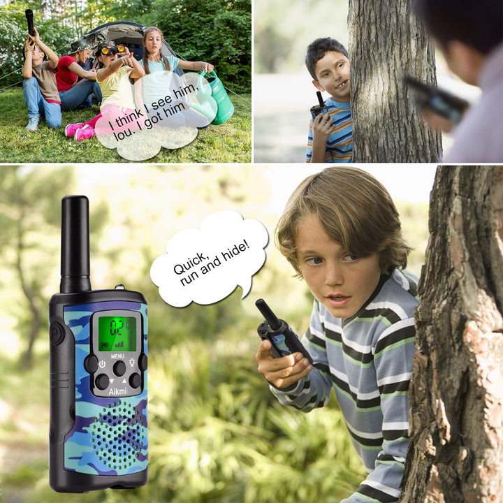 "Groene camo walkie talkies voor kinderen, 22 kanalen, 5 km bereik, ideaal voor avontuurlijke spelletjes buiten."