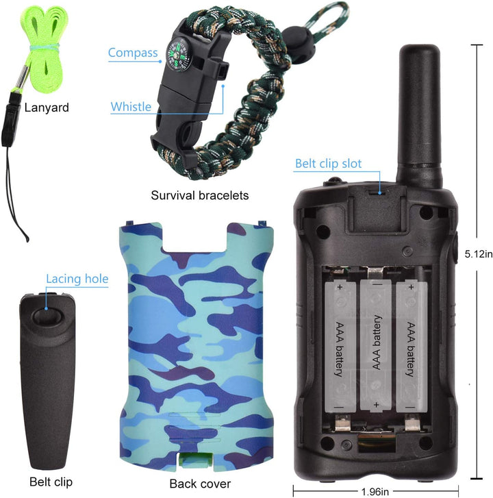 "Groene camo walkie talkies voor kinderen, 22 kanalen, 5 km bereik, ideaal voor avontuurlijke spelletjes buiten."