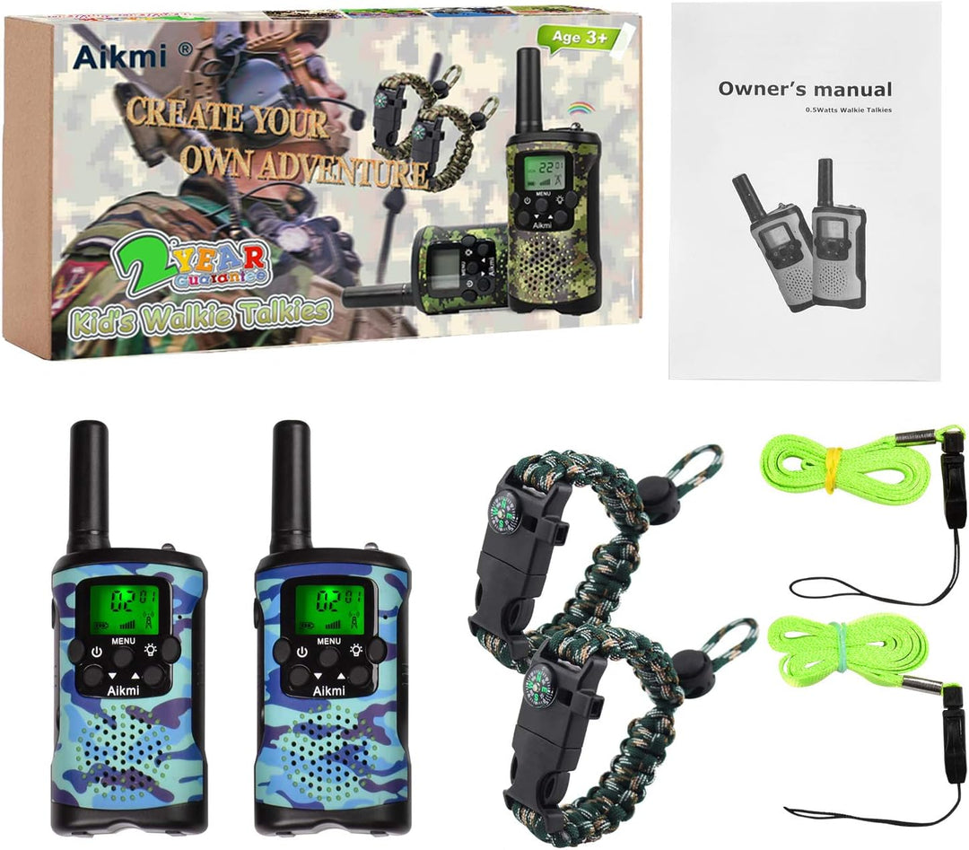 "Groene camo walkie talkies voor kinderen, 22 kanalen, 5 km bereik, ideaal voor avontuurlijke spelletjes buiten."
