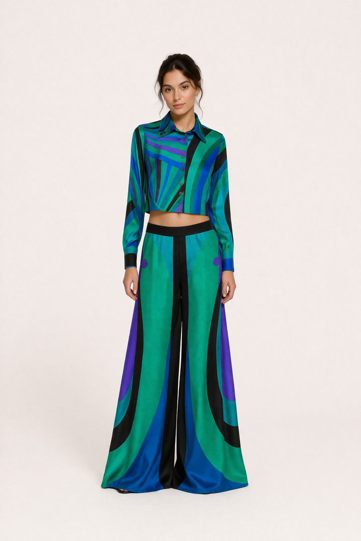 Comfortabele tweedelige dames outfit: groene top en wijde broek met elegante print, perfect voor zomerse dagen.