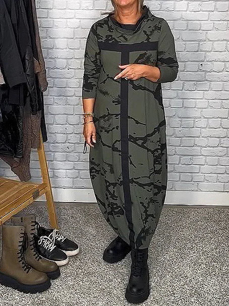 Comfortabele dames jurk met lange mouwen en uniek retro patroon, ideaal voor zowel casual als feestelijke gelegenheden.