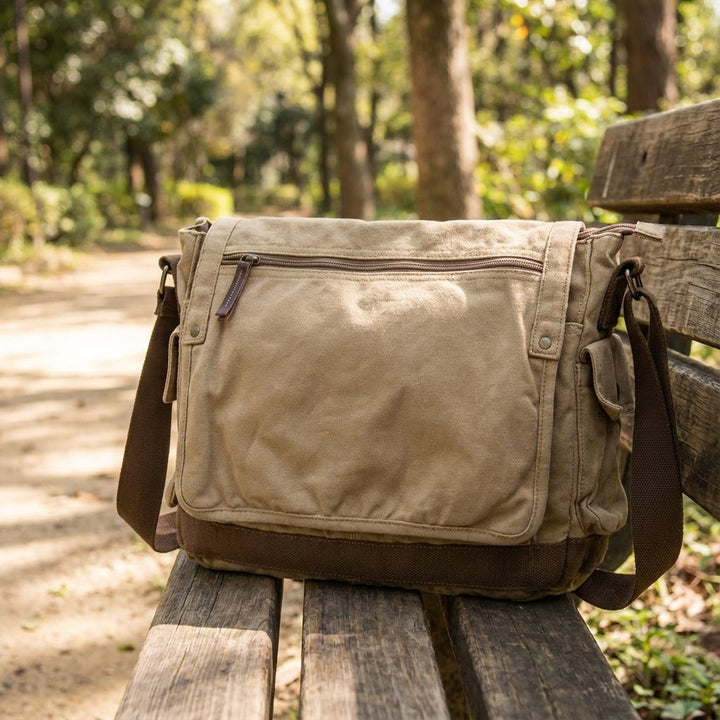 Groene vintage unisex messenger tas van duurzaam canvas, perfect voor laptop en dagelijks gebruik.