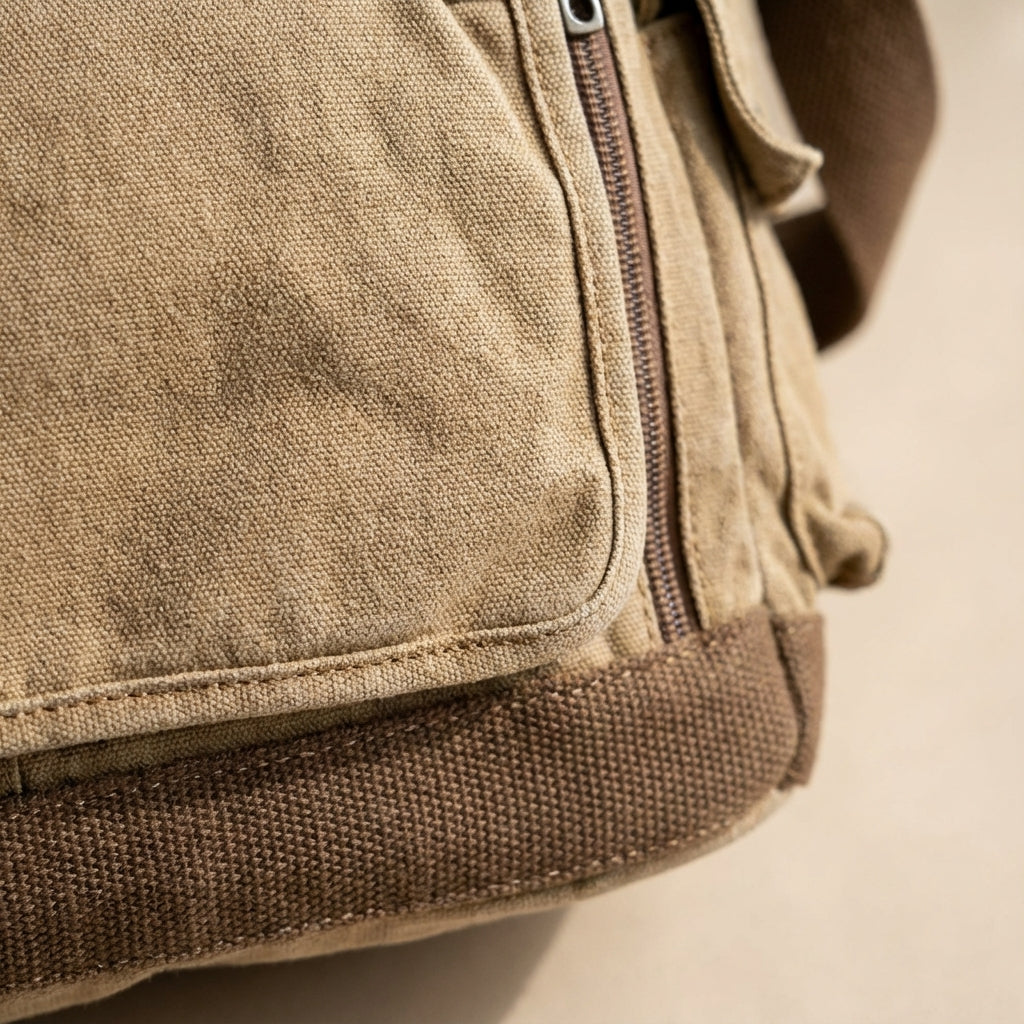 Duurzame groene canvas schoudertas met vintage look, unisex en veelzijdig voor werk of reizen.