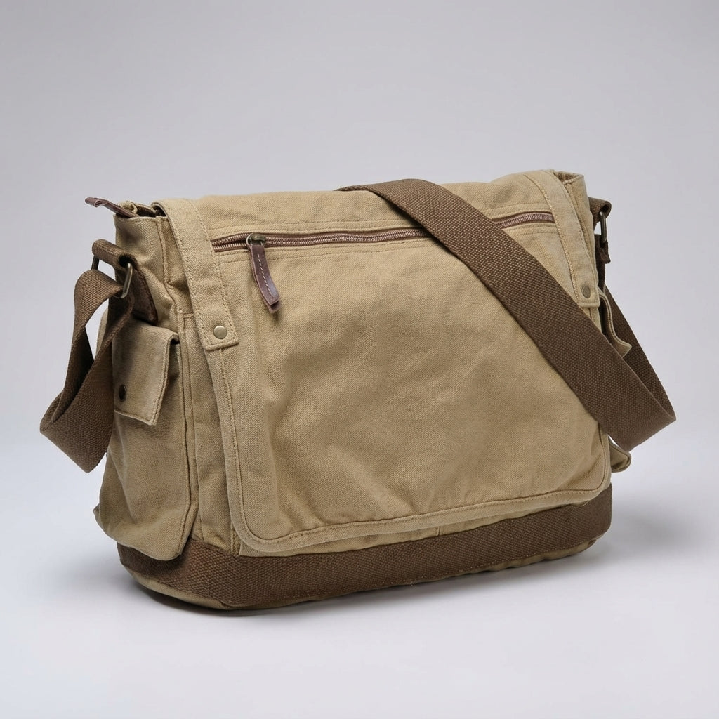 Praktische groene vintage tas van canvas, comfortabele unisex messenger tas voor laptop en persoonlijke items.
