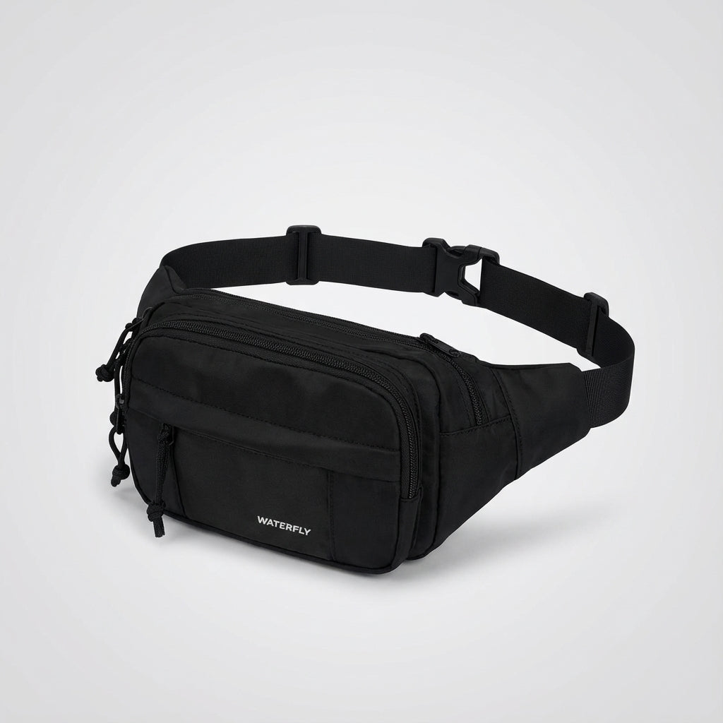 Zwarte waterbestendige nylon heuptas van BeltEdge, met stevige ritsen voor al je outdoor avonturen.