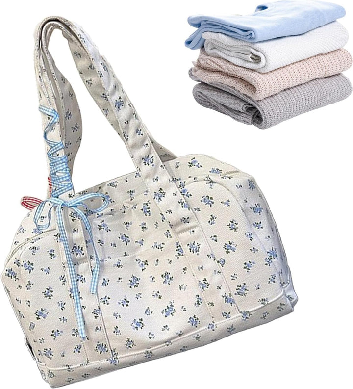 Robuuste canvas Floria duffeltas voor dames, met elegante strik en stevige rits, ideaal voor reizen.