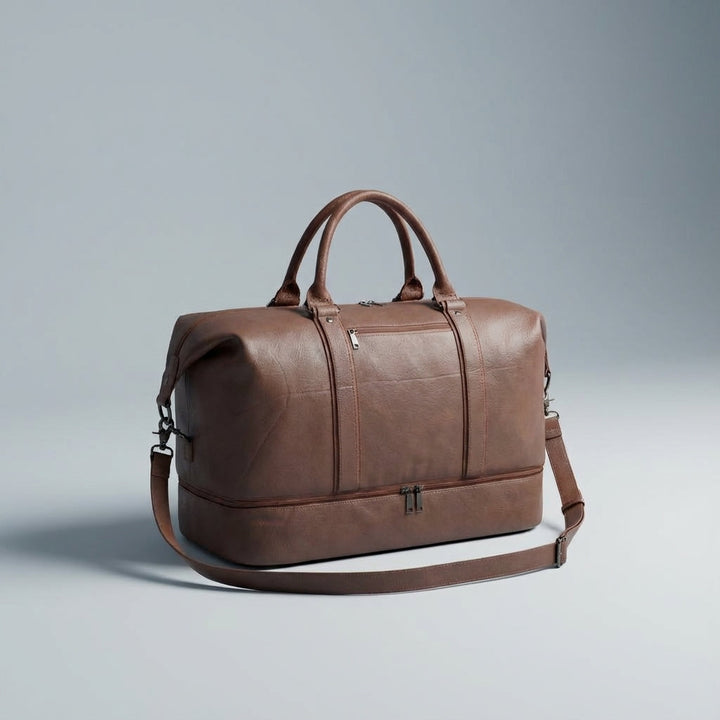 Stijlvolle leren duffelbag Voyagely, waterdichte unisex reistas perfect voor weekendtrips.