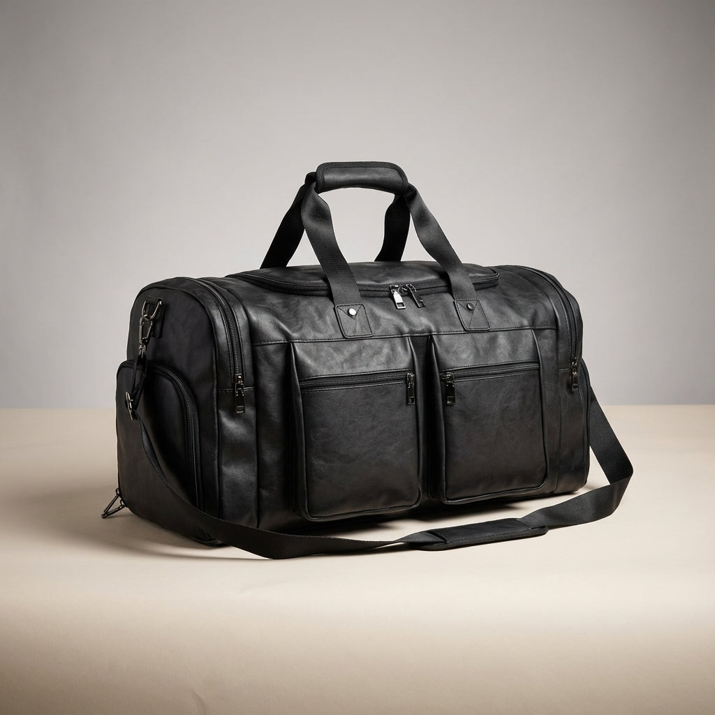 Duurzame grote leren reistas Voyagely, waterdicht en unisex, ideaal voor lange reizen.
