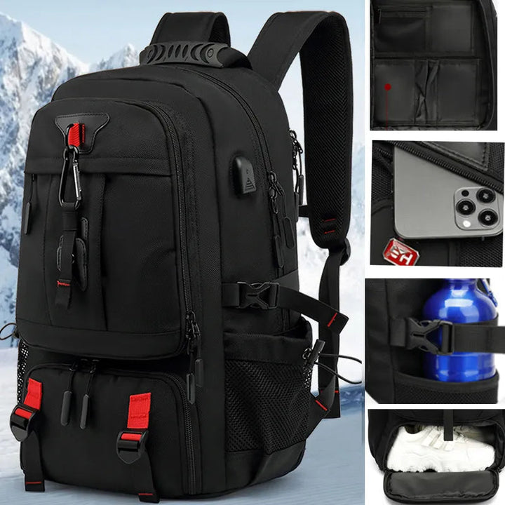Grote unisex reistas rugzak (50-80L) met USB-poort, ideaal voor reizen, kamperen en wandelen. Waterafstotend.