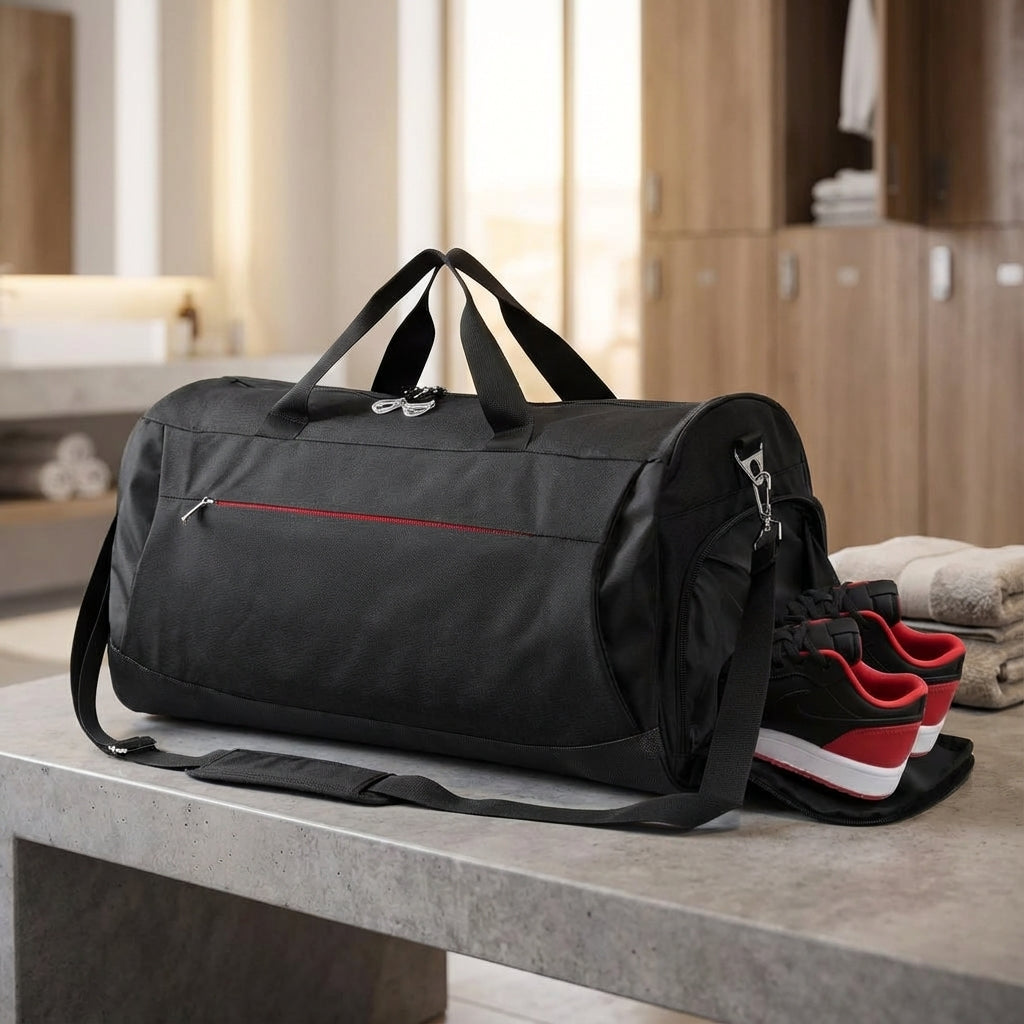 Grote zwarte 45L sporttas met schoenenvak, ideaal voor gym en reizen. Waterdichte duffeltas voor al je spullen.