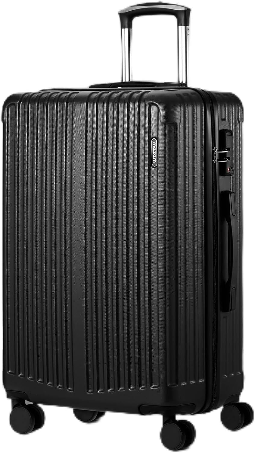 Grote zwarte hard-shell koffer met 360° zwenkwielen en TSA-slot, ideaal voor lange reizen en veilige bagage.
