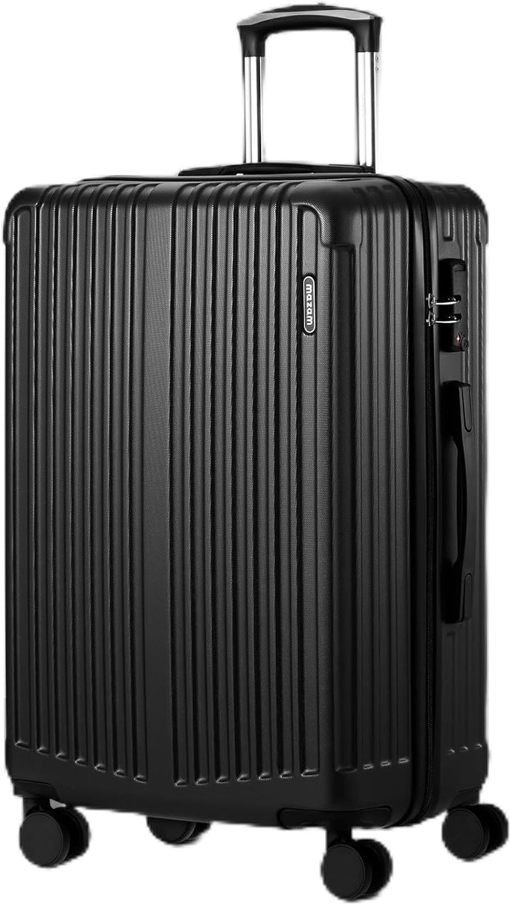 Grote zwarte hard-shell koffer met 360° zwenkwielen en TSA-slot, ideaal voor lange reizen en veilige bagage.