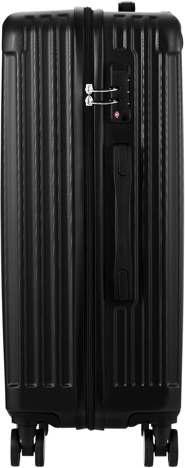 Zwarte 28 inch hard-shell koffer met 360° wielen en TSA-slot, perfect voor luchthaven en lange reizen.