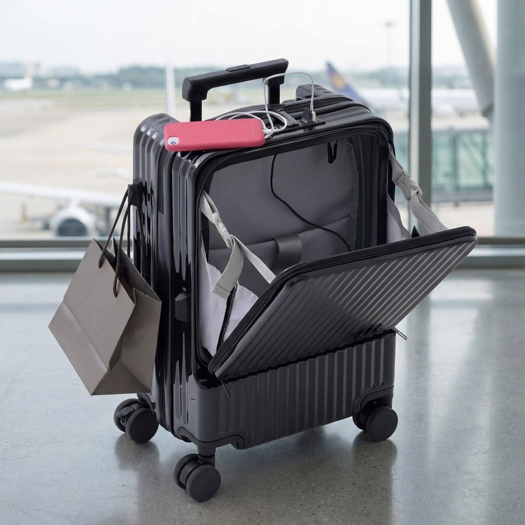 Handbagage koffer met voorvak en USB-poort. CarryNex slimme cabin size reiskoffer, lichtgewicht en duurzaam.