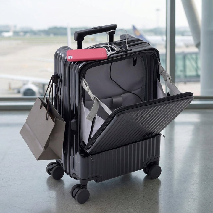 Handbagage koffer met voorvak en USB-poort. CarryNex slimme cabin size reiskoffer, lichtgewicht en duurzaam.