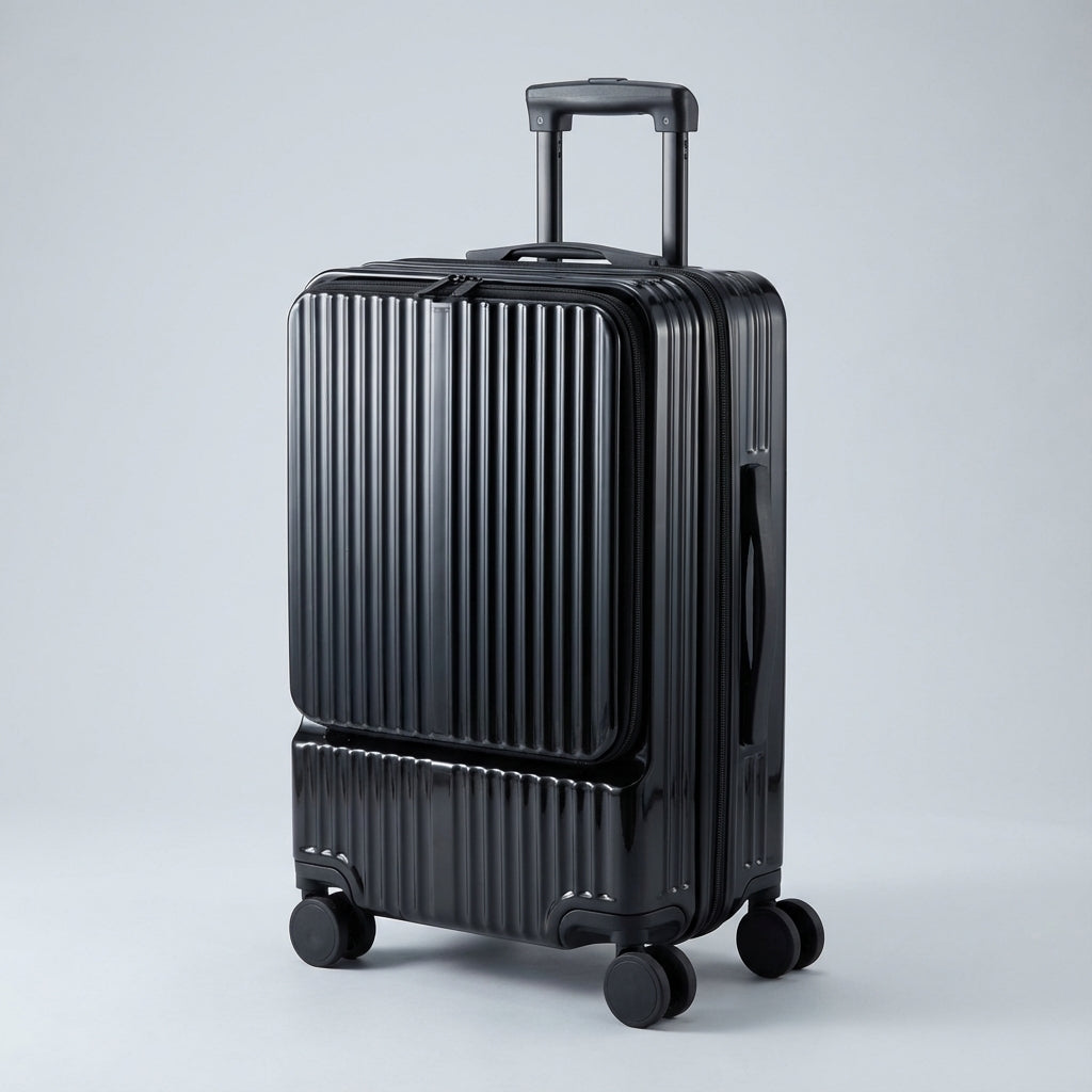 Lichtgewicht handbagage koffer met voorvak en soepele wielen. CarryNex compacte reistas, perfect voor vliegreizen.