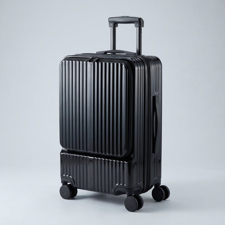 Lichtgewicht handbagage koffer met voorvak en soepele wielen. CarryNex compacte reistas, perfect voor vliegreizen.