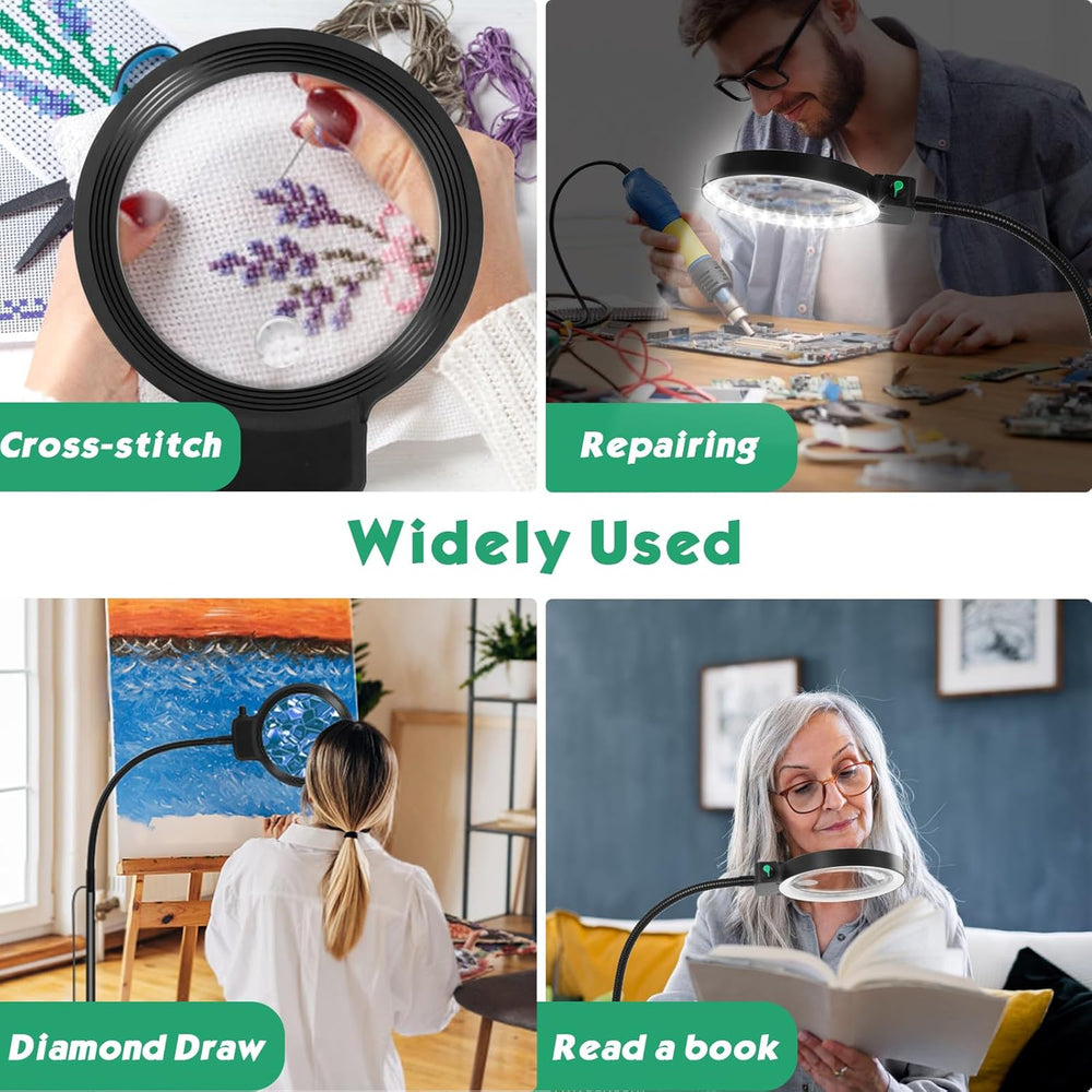 Helder LED vergrootglas met flexibele gansenhals en leeshulp functionaliteit voor senioren en hobby.