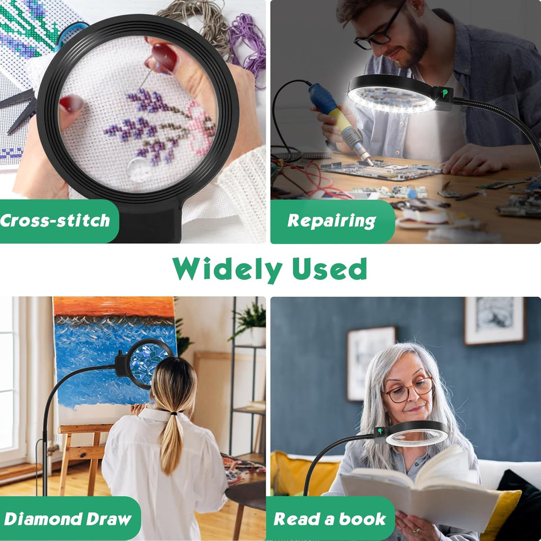 Helder LED vergrootglas met flexibele gansenhals en leeshulp functionaliteit voor senioren en hobby.