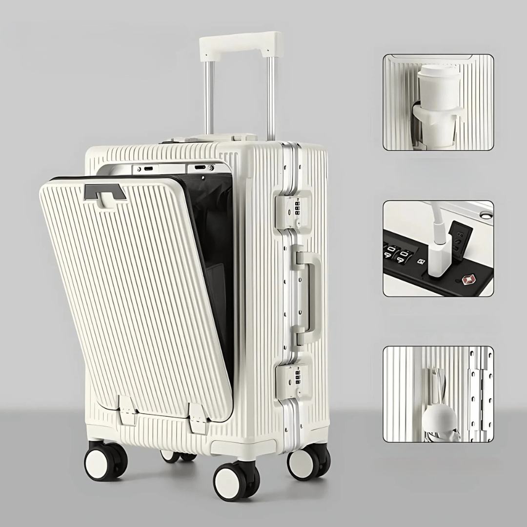 Innovatieve ritsloze handbagagekoffer Manhattan Pro, met USB-poort voor onderweg opladen.