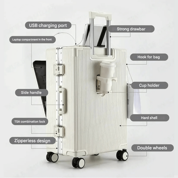 Zakelijke reiskoffer Manhattan Pro, compacte hartschalen met USB-poort en ritsloos.