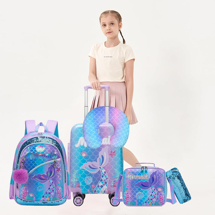 Praktische harde kinderkoffer met 5-delige bagageset voor reizende kinderen.