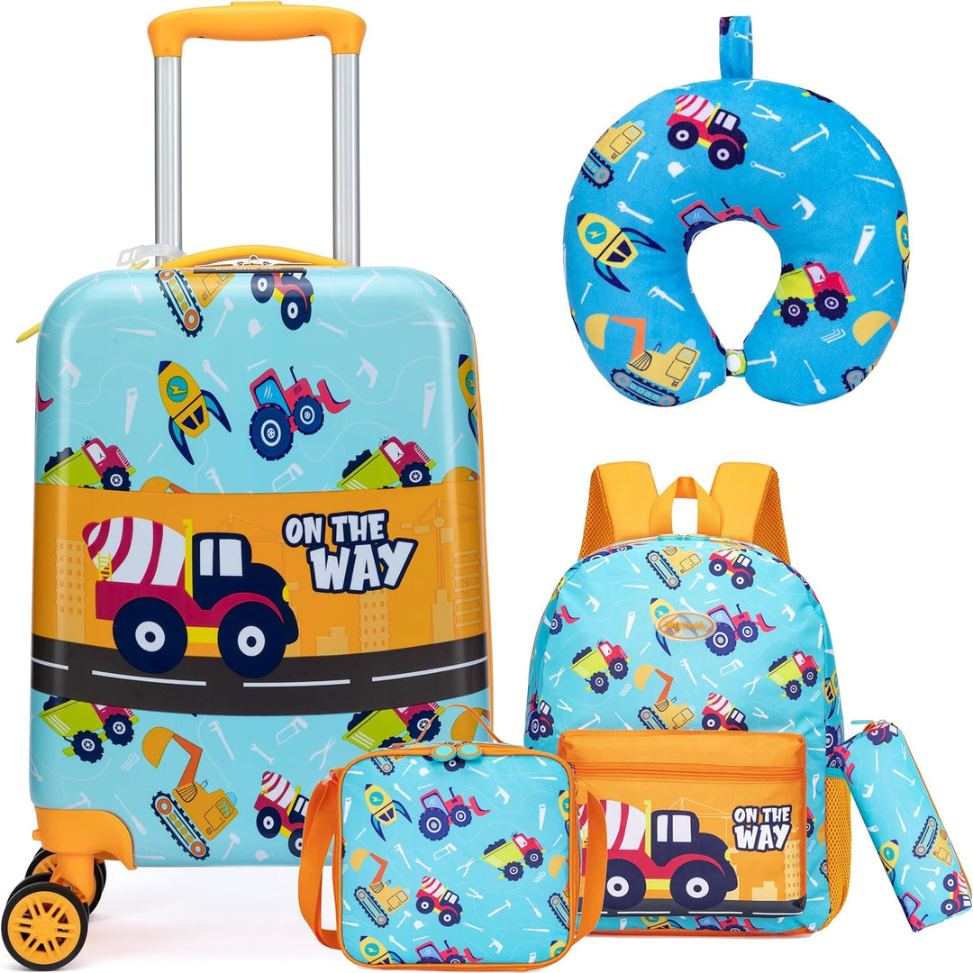 Moderne 5-delige harde kinderkoffer set met spinnerwielen, klaar voor de vakantie.