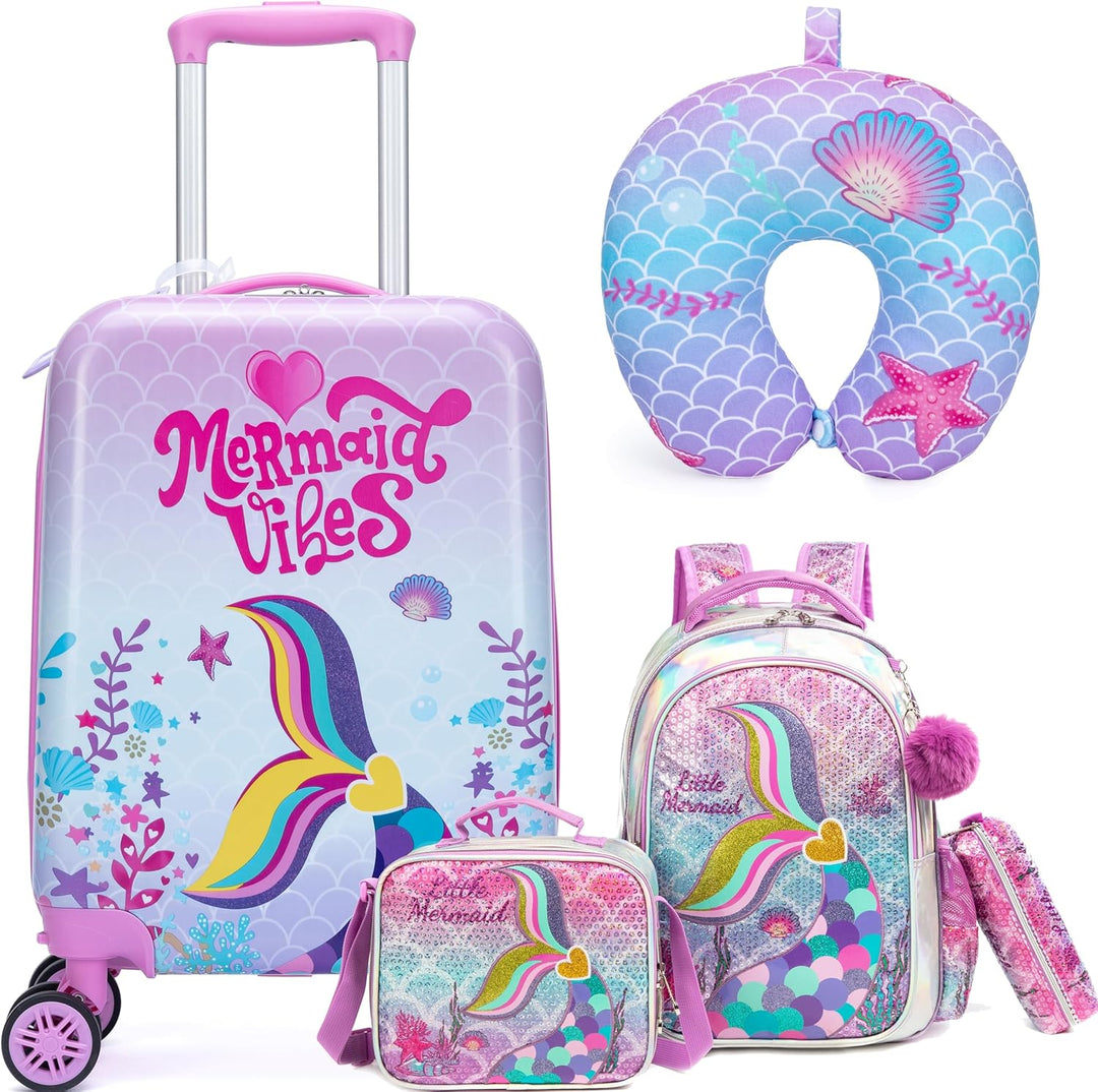 Lichtgewicht 16-inch kinderkoffer met spinnerwielen en bijpassende 5-delige reisset.