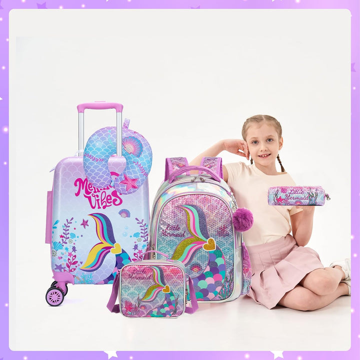 Compacte harde kinderkoffer (cabineformaat) en 4 bijpassende accessoires, 5-delig.