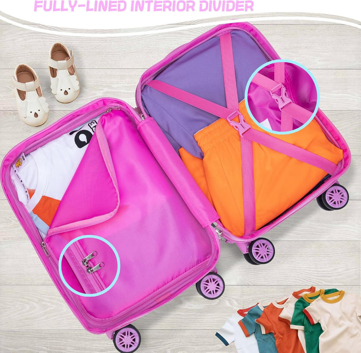 Sterke harde kinderkoffer met soepele spinnerwielen, onderdeel van een complete 5-delige set.