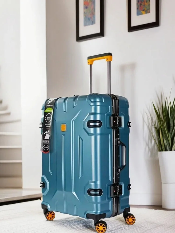 Lichtgewicht trolley koffer met 360 graden draaiende wielen en stevig aluminiumframe voor soepel reizen.