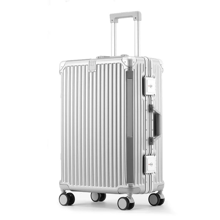 Moderne harde koffer Tallinn met aluminium frame en spinnerwielen, robuust voor reizen.