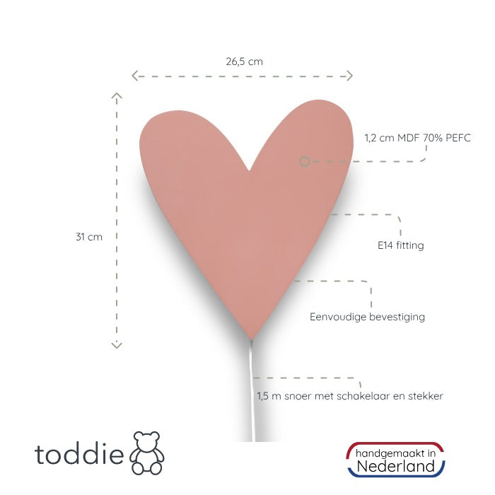 "Hartvormige houten wandlamp terra roze, ideaal voor kinderkamers, MDF materiaal, 27,5x31 cm, trendy en charmant design."