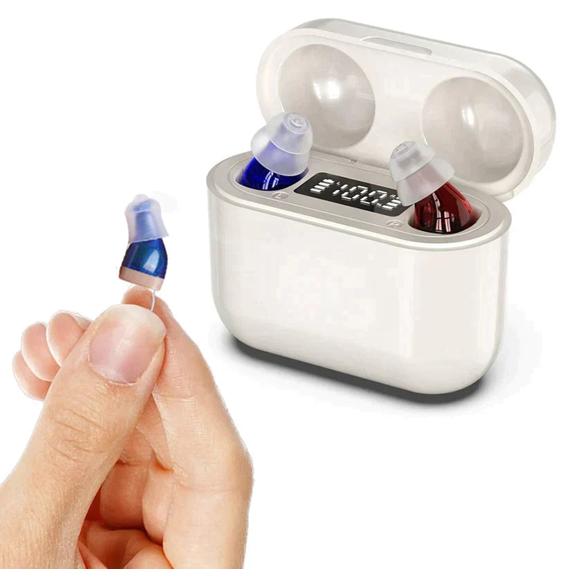 HearPro oplaadbaar IIC hoortoestel, discreet in het oor voor helder geluid bij gehoorverlies.