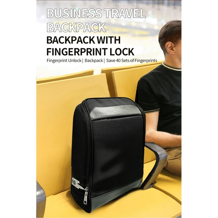 Comfortabele anti-diefstal heren rugzak. Ingebouwd vingerafdrukslot en USB-poort voor zakelijke reizigers.
