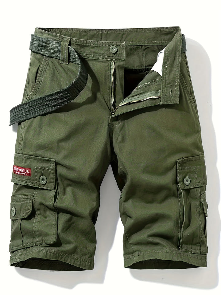 "Heren cargo shorts voorkant met klassiek design, zomers katoen, meerdere zakken, taille trekkoord voor comfort en stijl."