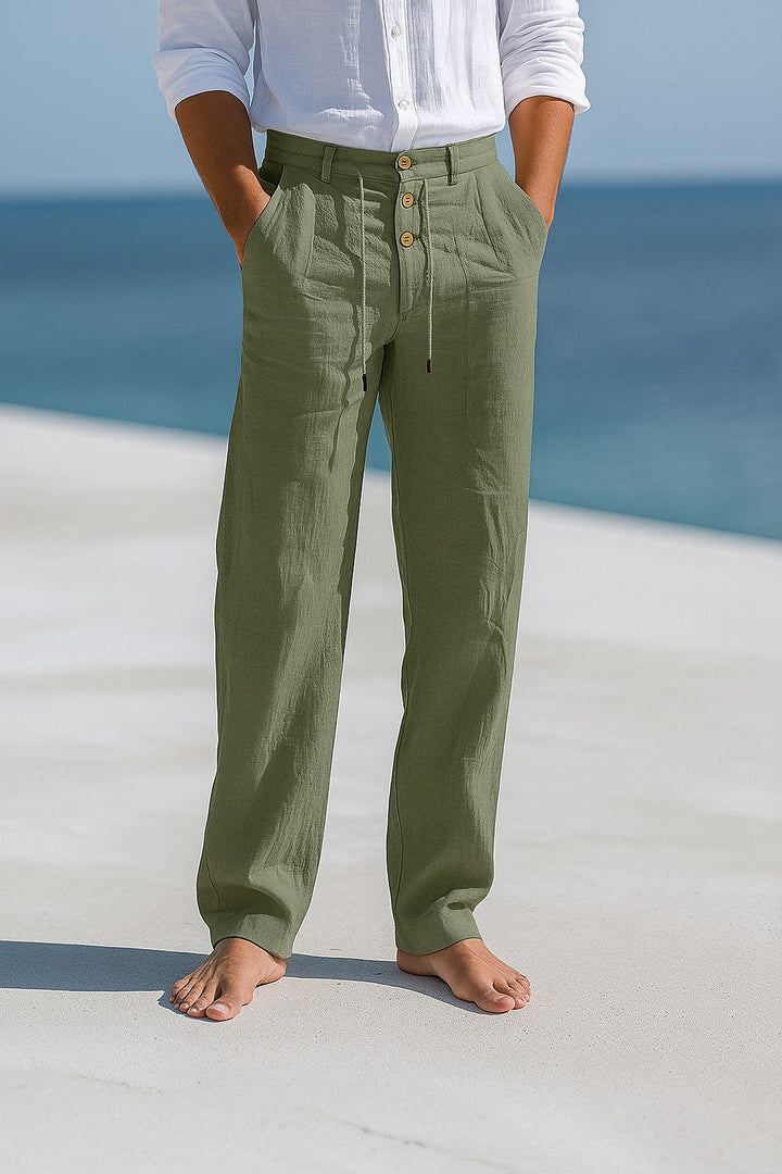 Comfortabele herenbroek met trekkoord en knoopsluiting, casual lange broek voor zomer of vrije tijd.